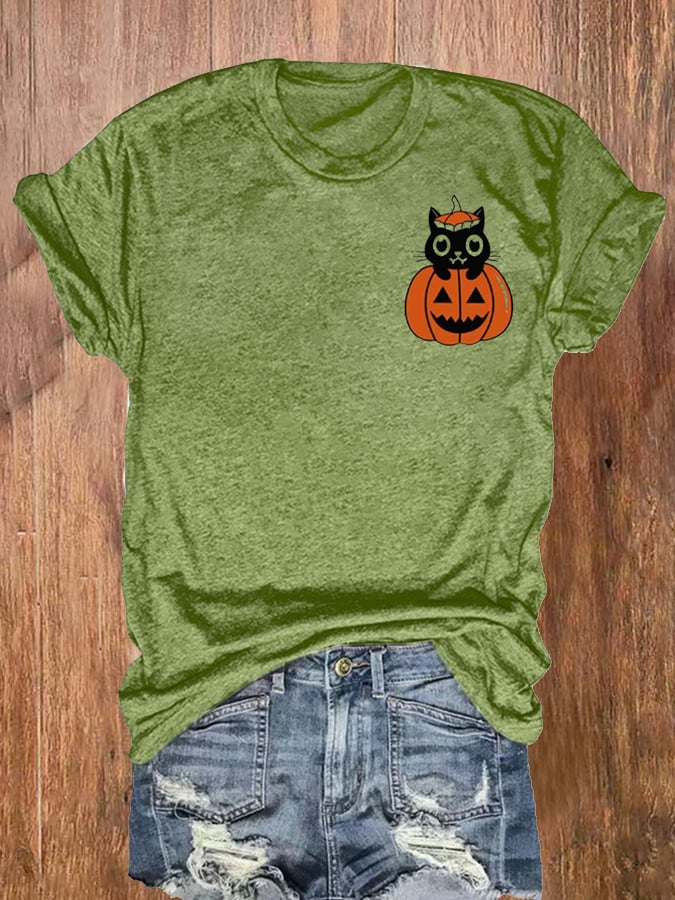 Women's Pumpkin Cat Halloween Printed Short Sleeve T-Shirt
