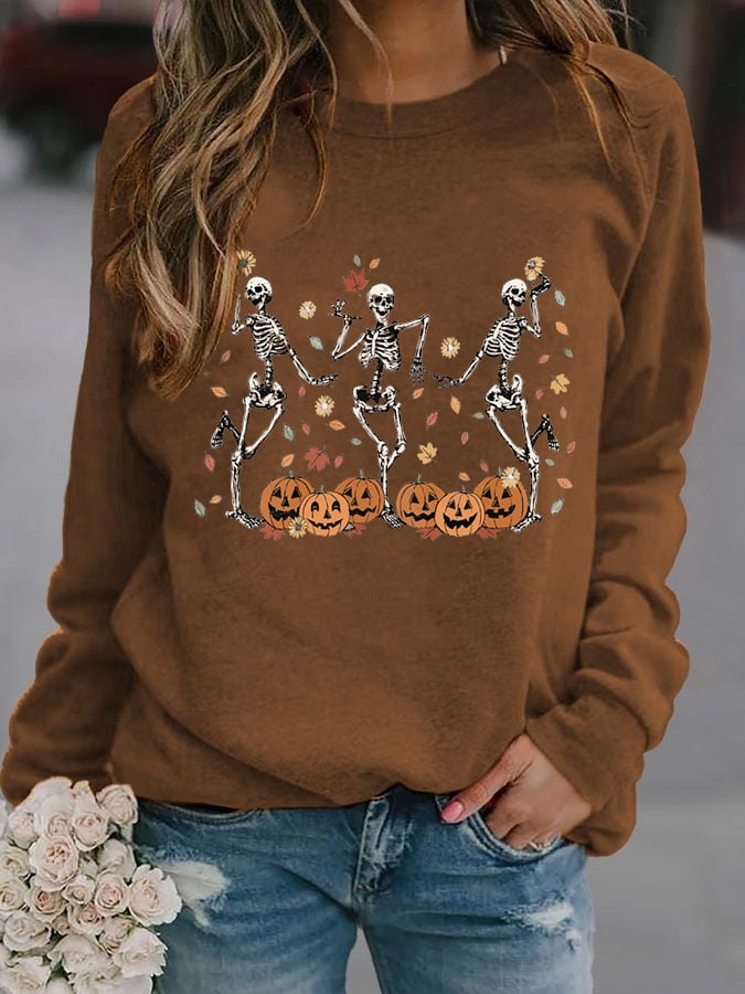 Women's Dancing Skeleton Pumpkin Print Casual Sweatshirt