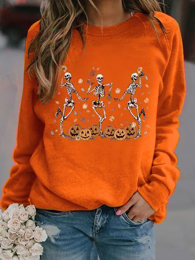 Women's Dancing Skeleton Pumpkin Print Casual Sweatshirt