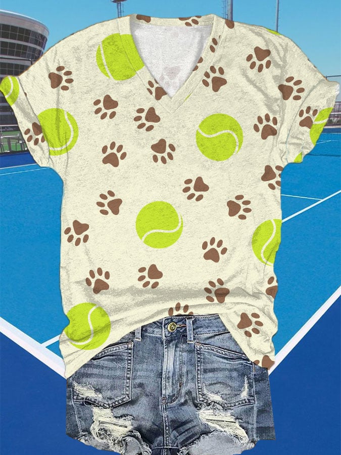 Women's Funny Tennis Tennis Lover Puppy footprints Print V-Neck T-Shirt
