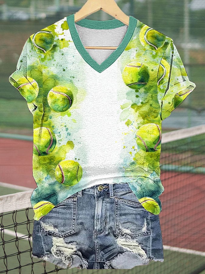 Women's Watercolor Tennis Print V Neck T-Shirt