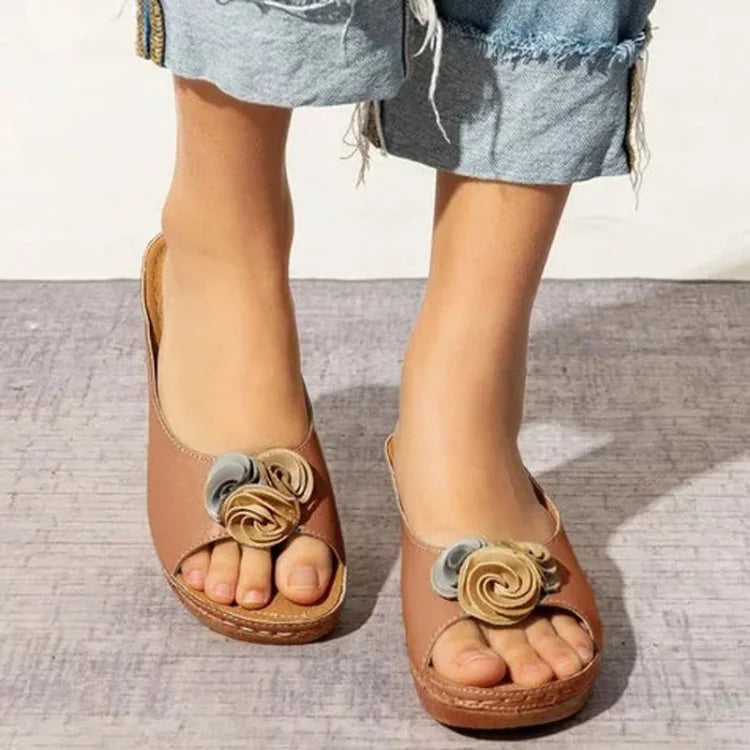 šLast Day 50% OFF-Womens Comfy Leather Solid Flower Strap Wedge Sandals
