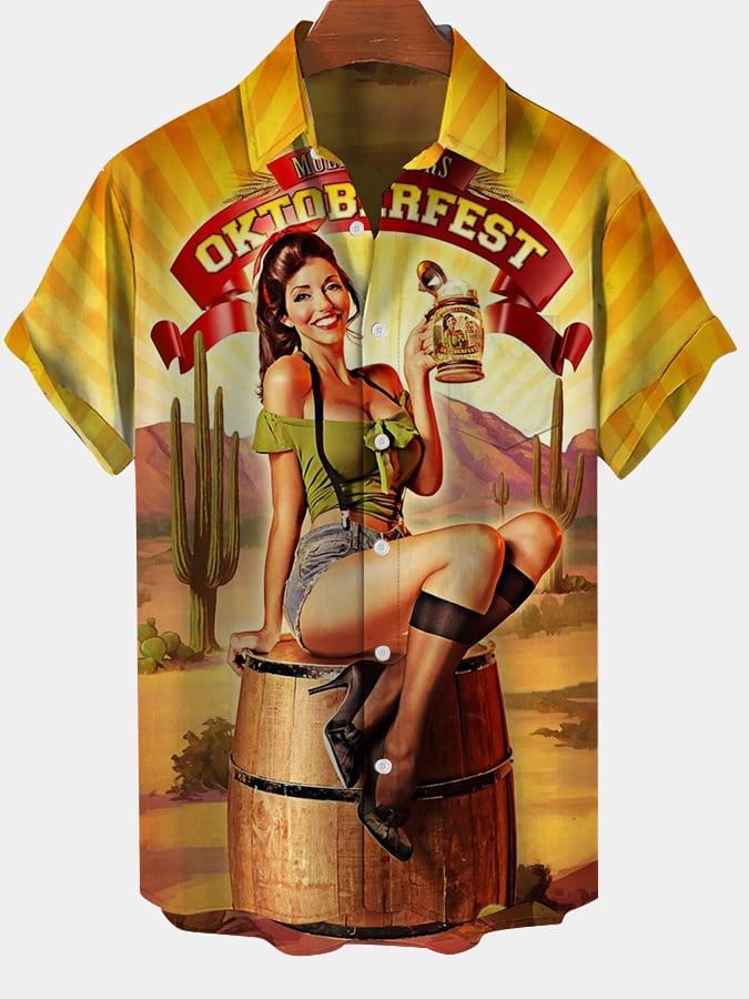 Stylish Oktoberfest beer print short sleeve shirt for men