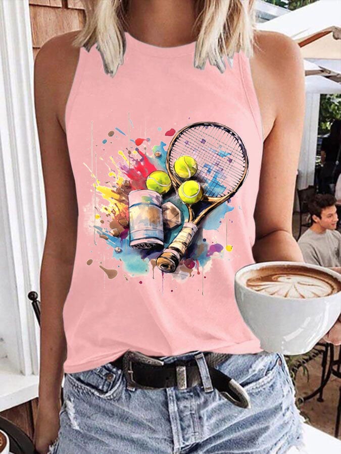 Women's Funny Tennis Print O-Neck Top