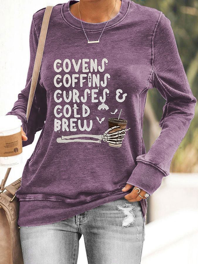 Women's Vintage Halloween Covens Coffins Coffee Cold Brew Printed Sweatshirt