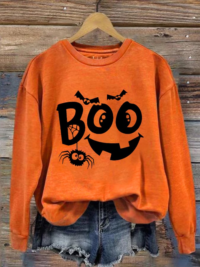 Women's Funny Halloween Pumpkin Face Boo Print Sweatshirt