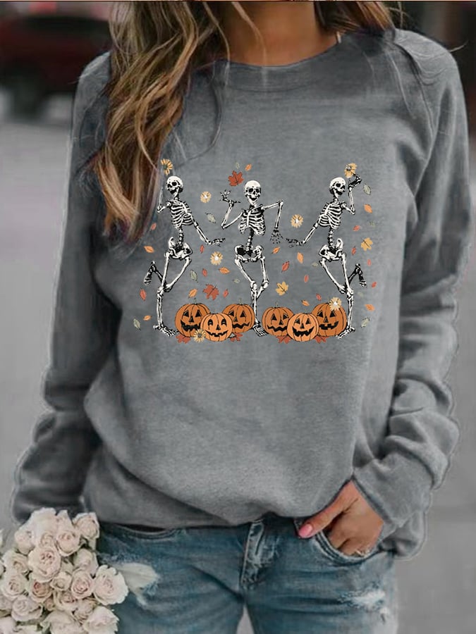 Women's Dancing Skeleton Pumpkin Print Casual Sweatshirt