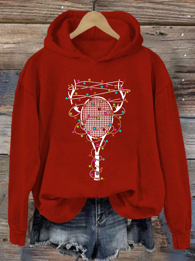 Women's Christmas Tennis Racket Print Casual Hooded Sweatshirt