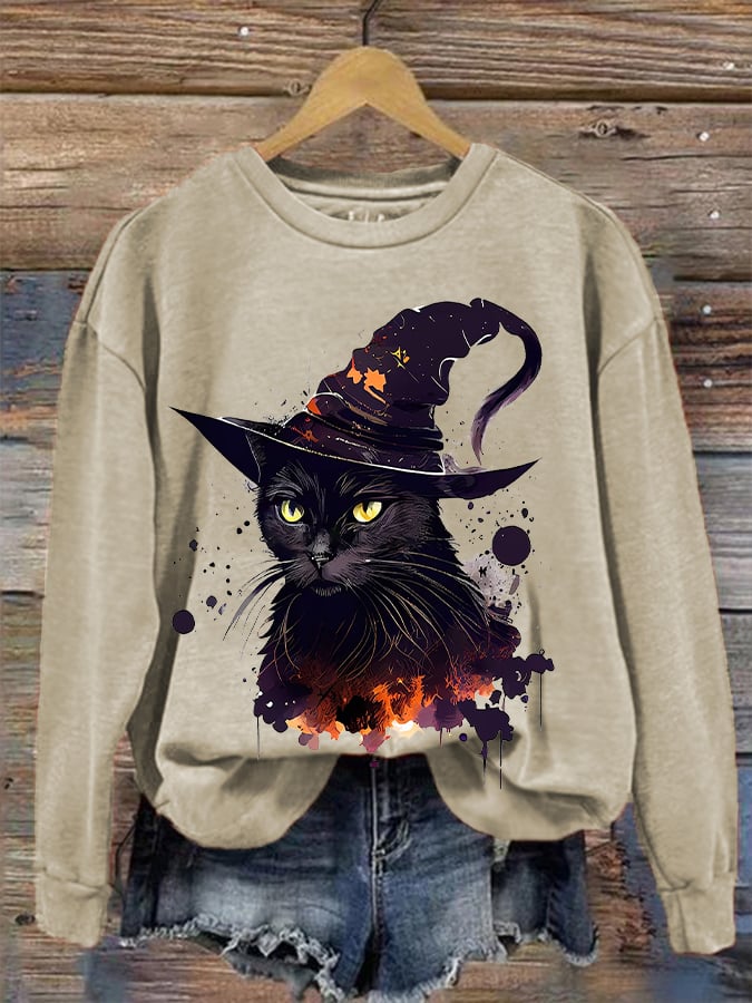 Women's Halloween Witches Cat Print Sweatshirt