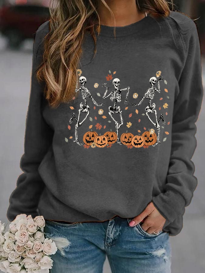 Women's Dancing Skeleton Pumpkin Print Casual Sweatshirt