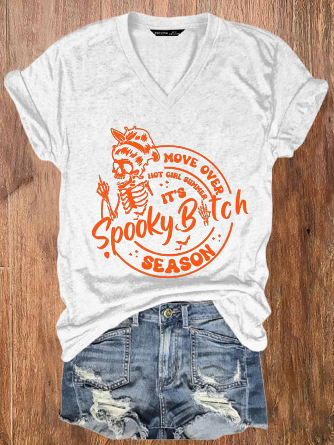 Women's Funny Halloween Spooky Bitch Season Move Over Hot Girl Summer V-Neck Tee