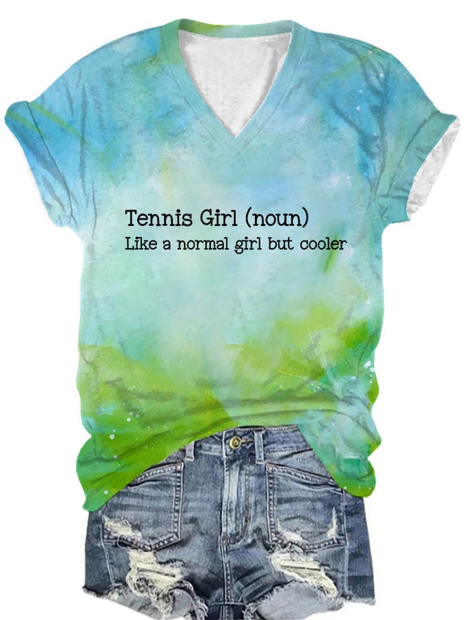 Women's Tennis Girl Printed V Neck T-Shirt