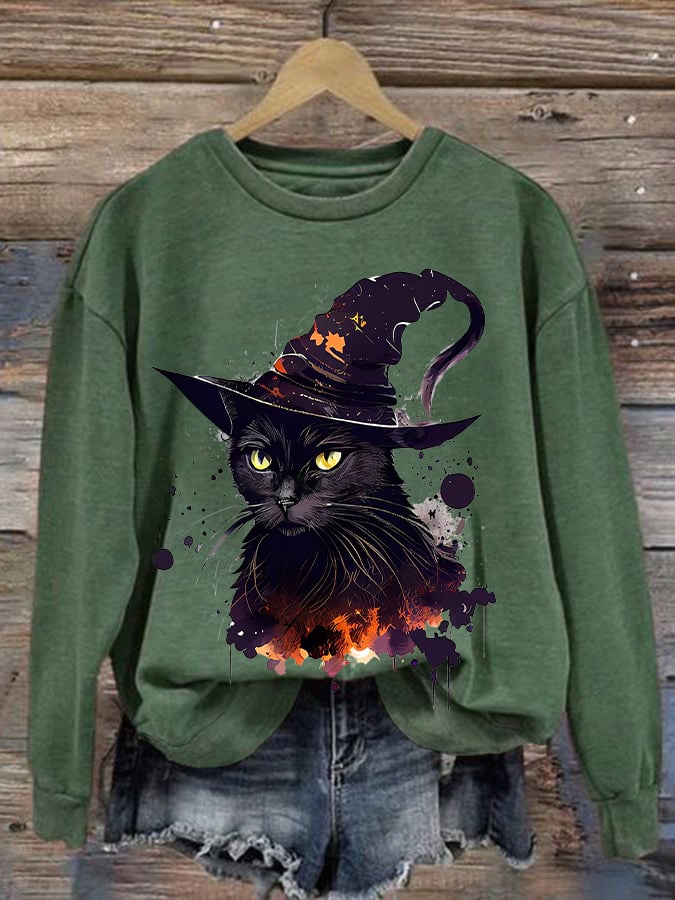 Women's Halloween Witches Cat Print Sweatshirt