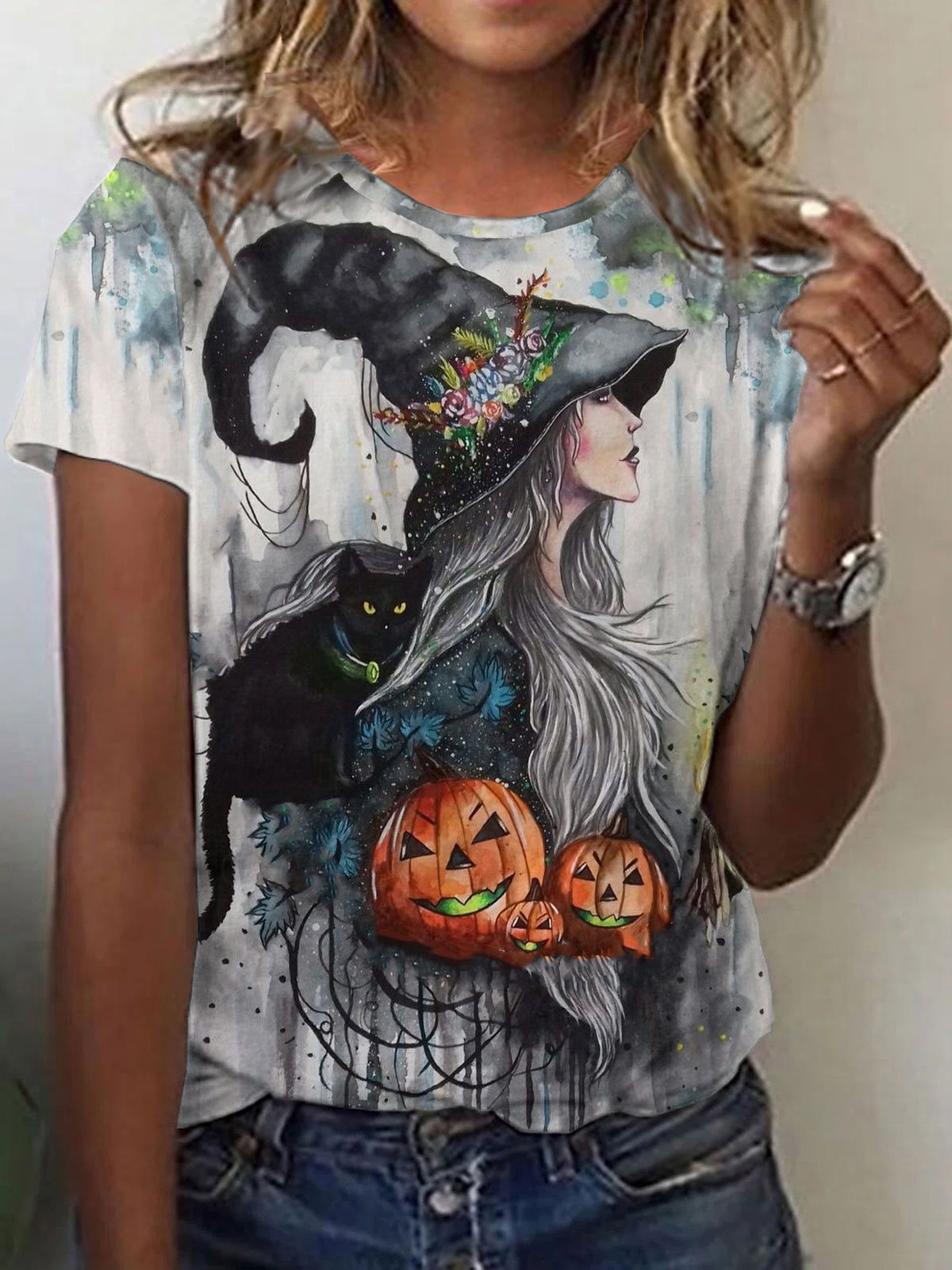 Women's Halloween Witch Black Cat Pumpkin Print T-shirt