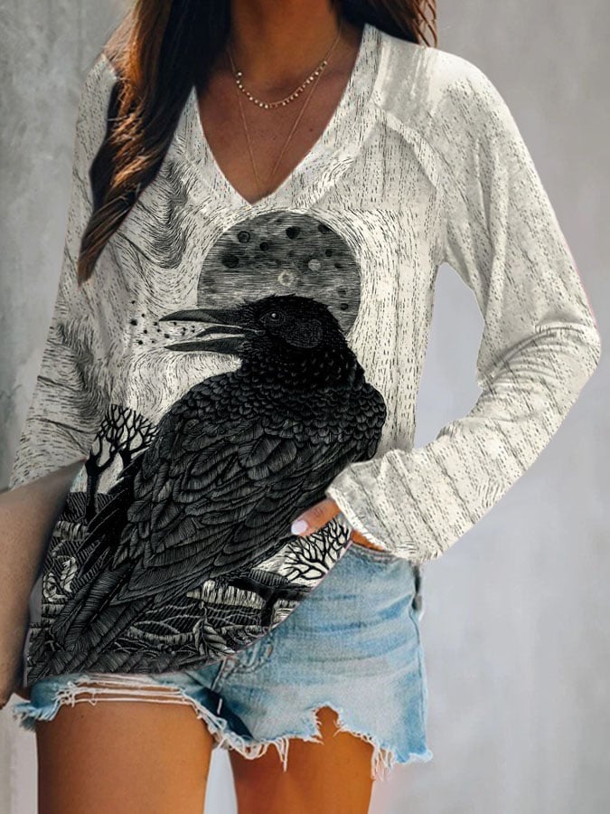 Women's Halloween Raven Pattern Art Print Long Sleeve T-Shirt
