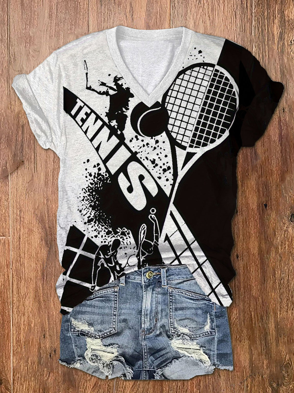 Women's Fun Tennis Print V-Neck T-Shirt