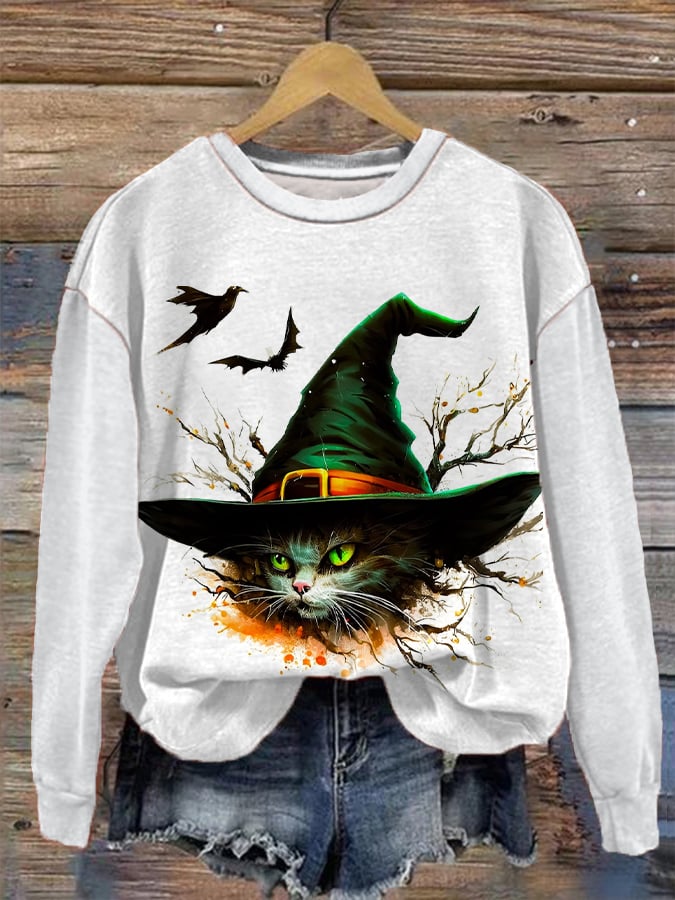 Women's Halloween Witches Cat Print Sweatshirt