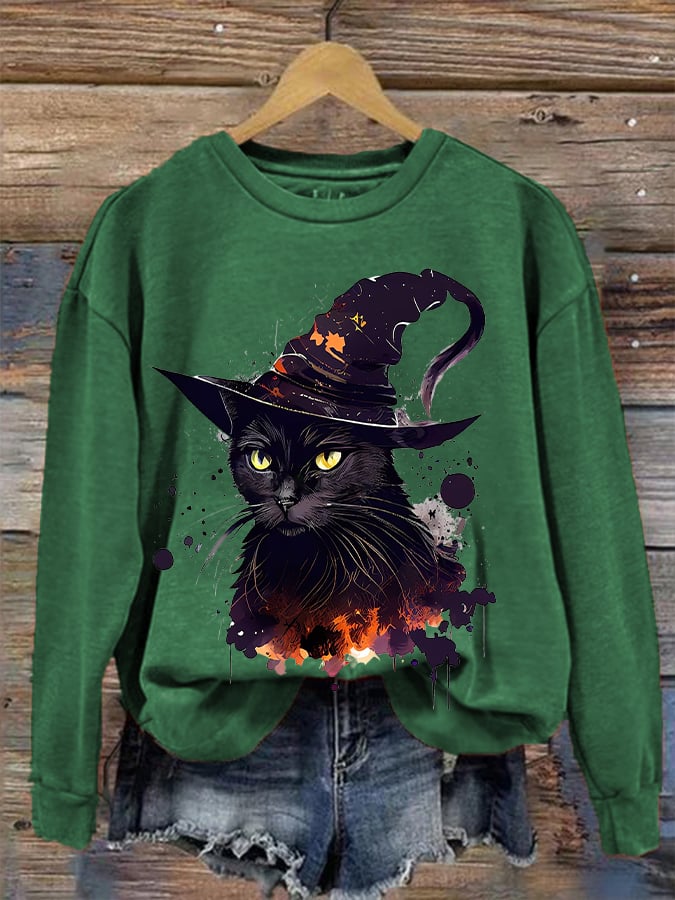 Women's Halloween Witches Cat Print Sweatshirt