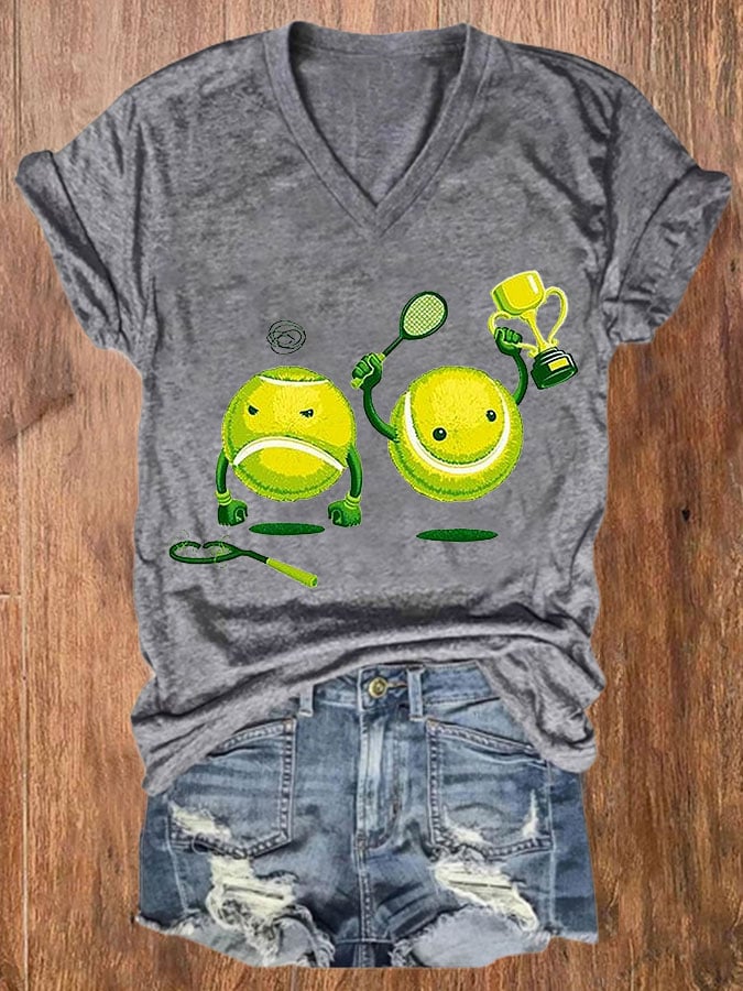 Women's Funny Tennis Print Casual V-Neck Tee