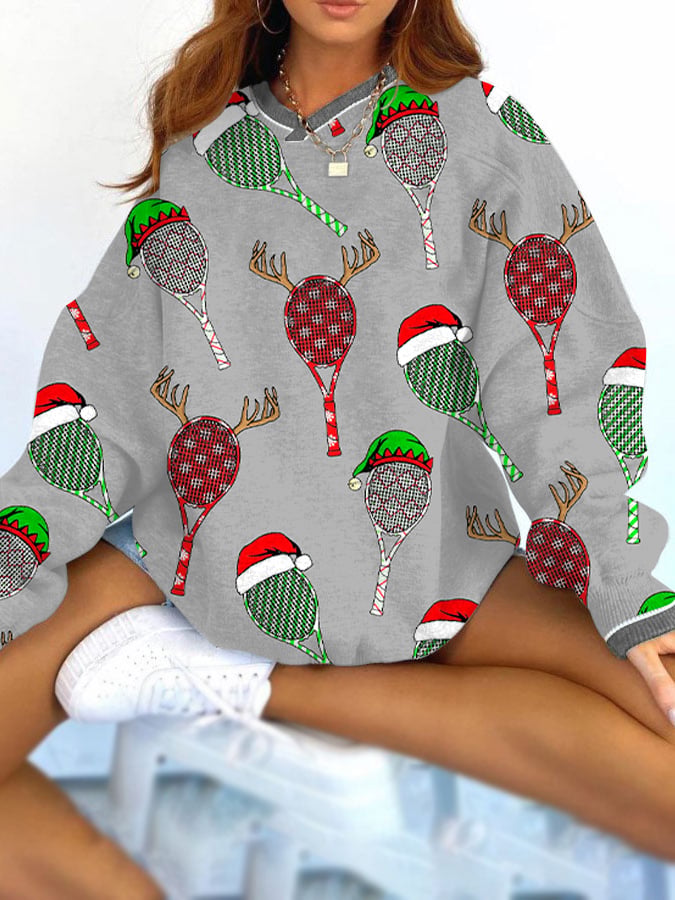 Women's Christmas Tennis Racket Print Loose Sweatshirt