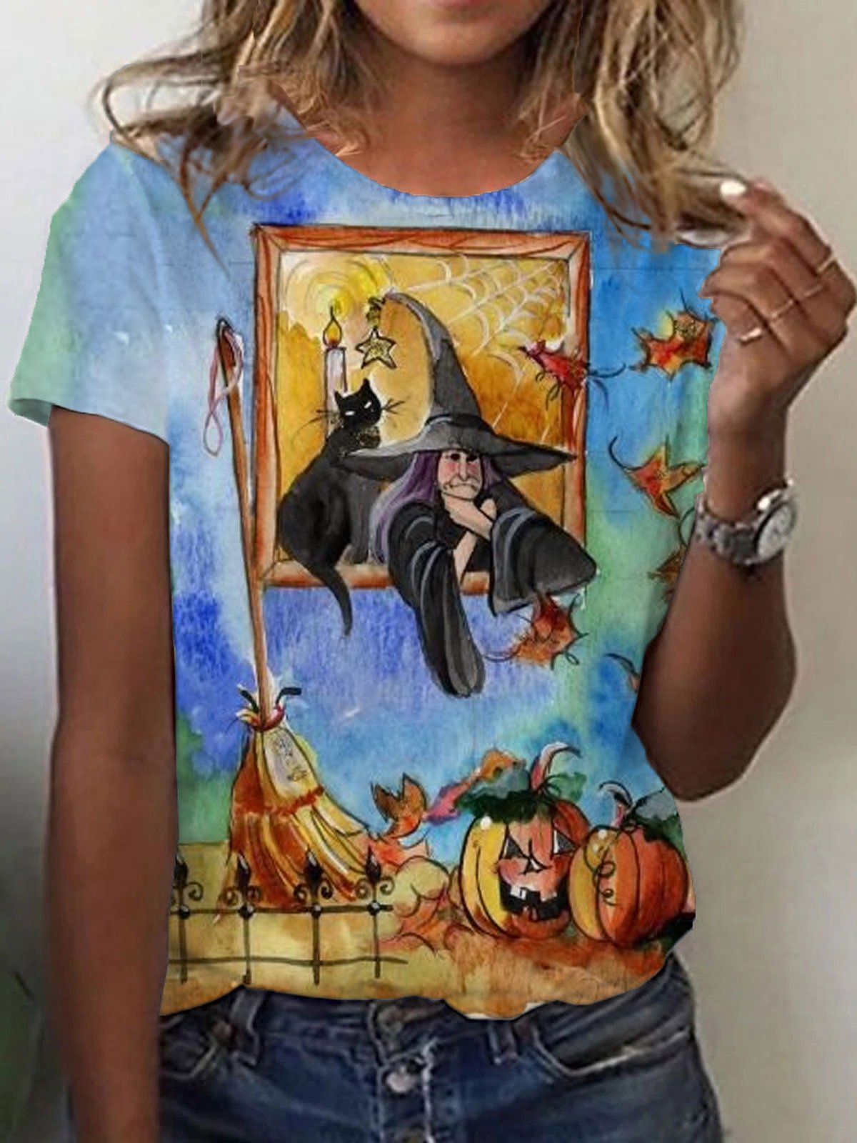 Women's Halloween Witch Black Cat Pumpkin Print T-shirt