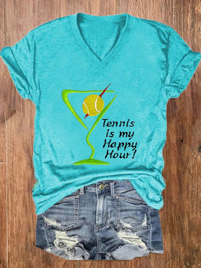 Women's Tennis Is My Happy Hour Tennis Lover Print V-Neck T-Shirt
