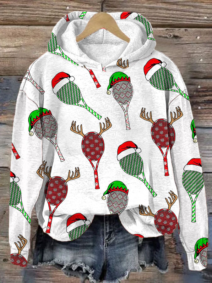 Women's Christmas Tennis Racket Print Hooded Sweatshirt