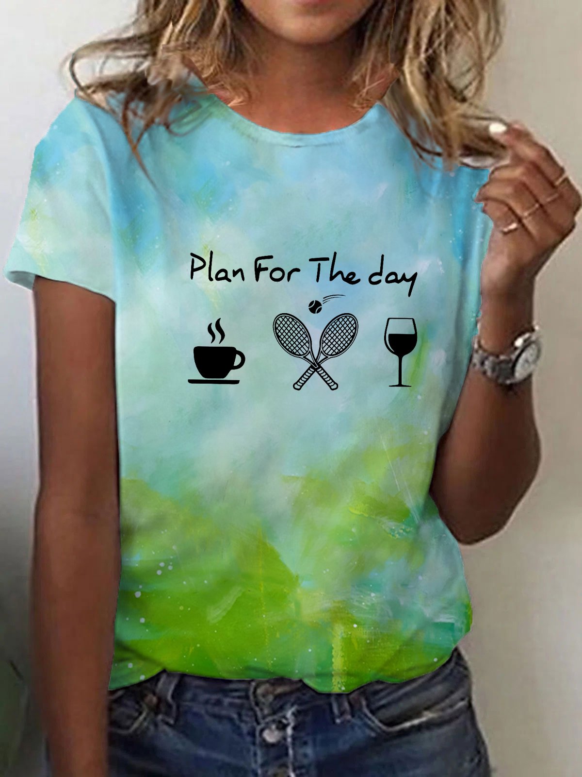 Women's plan for the day tennis print crew neck T-shirt