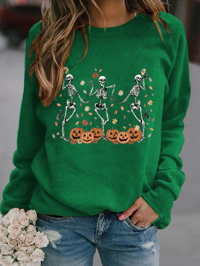 Women's Dancing Skeleton Pumpkin Print Casual Sweatshirt