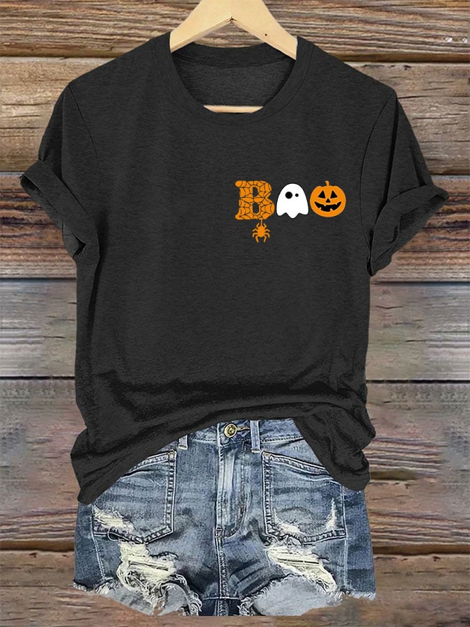 Women's Halloween Boo Spider Print T-Shirt