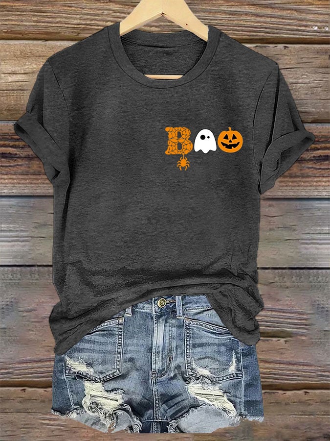 Women's Halloween Boo Spider Print T-Shirt