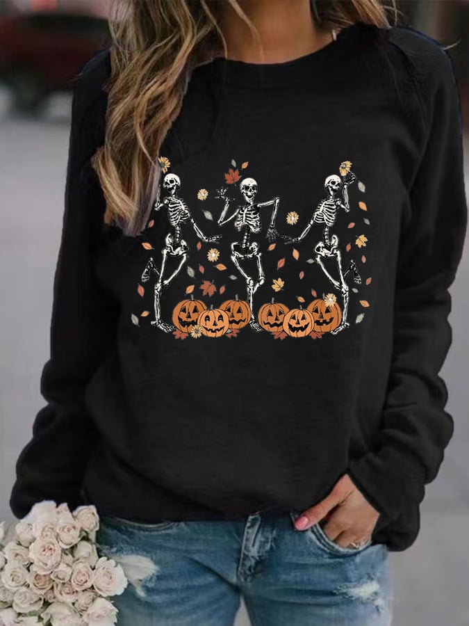 Women's Dancing Skeleton Pumpkin Print Casual Sweatshirt