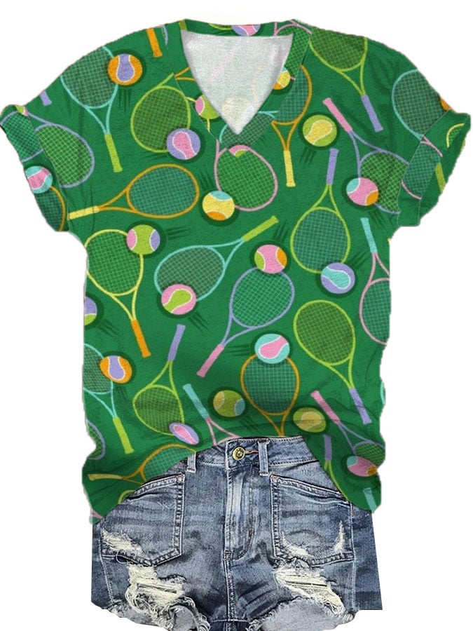 Women's Funny Tennis Tennis Lover Print V-Neck T-Shirt
