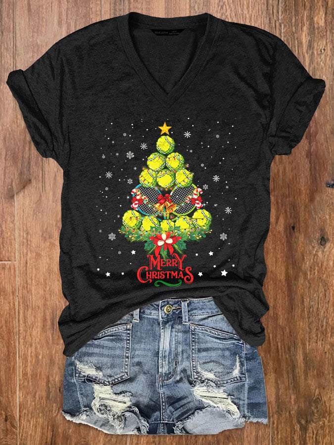 Women's Christmas Tennis Casual V-Neck T-Shirt