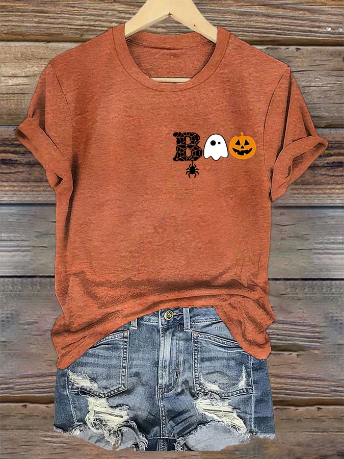 Women's Halloween Boo Spider Print T-Shirt
