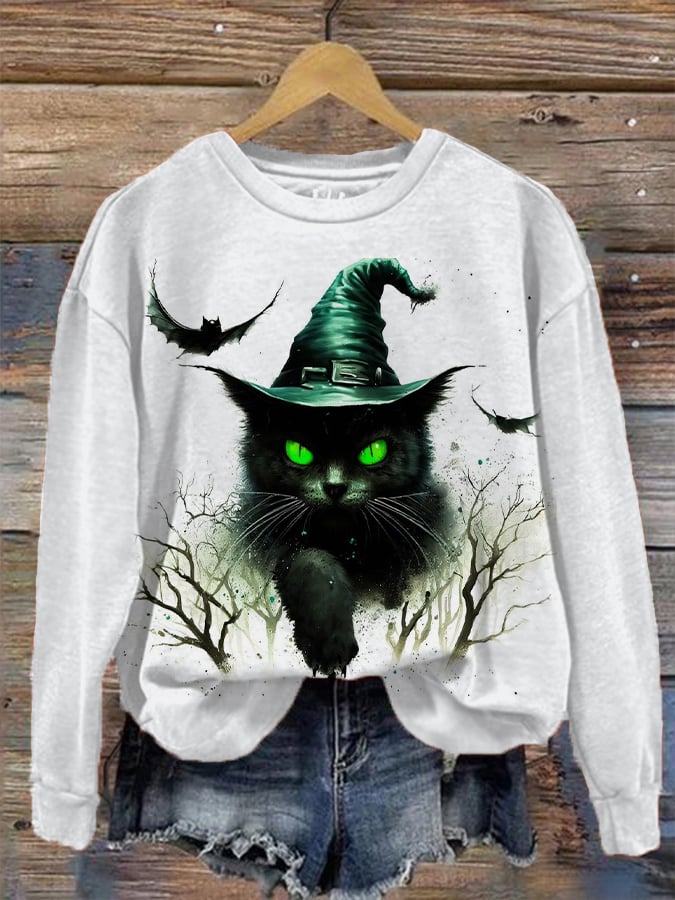 Women's Halloween Witches Cat Print Sweatshirt