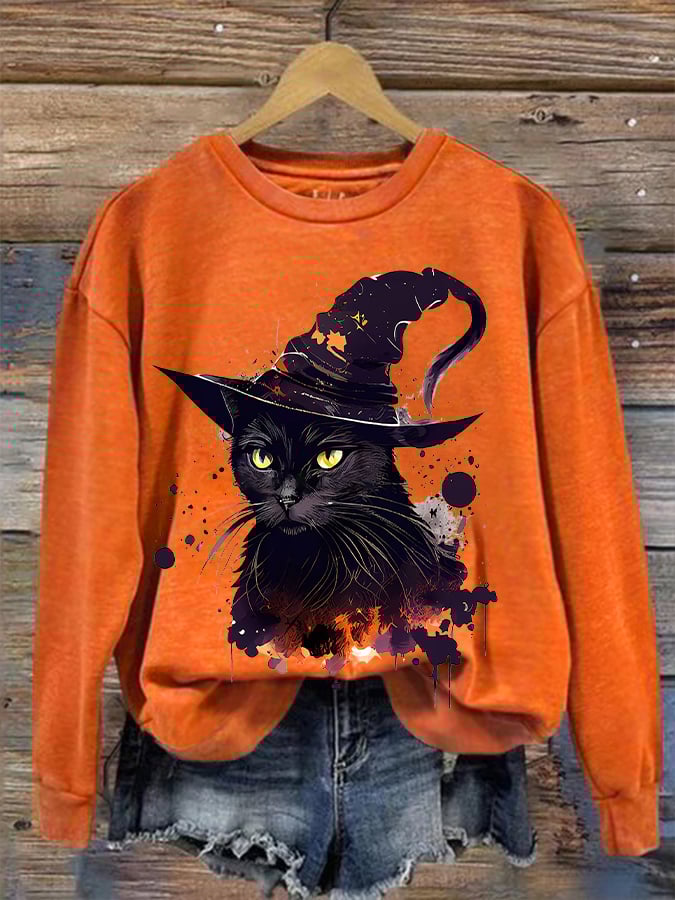 Women's Halloween Witches Cat Print Sweatshirt