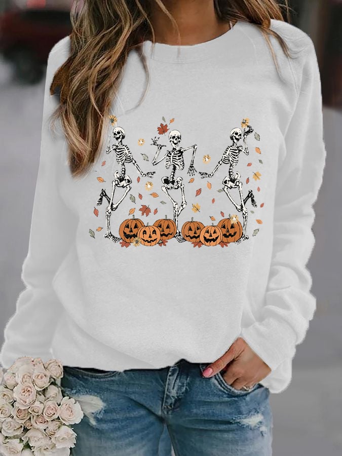 Women's Dancing Skeleton Pumpkin Print Casual Sweatshirt