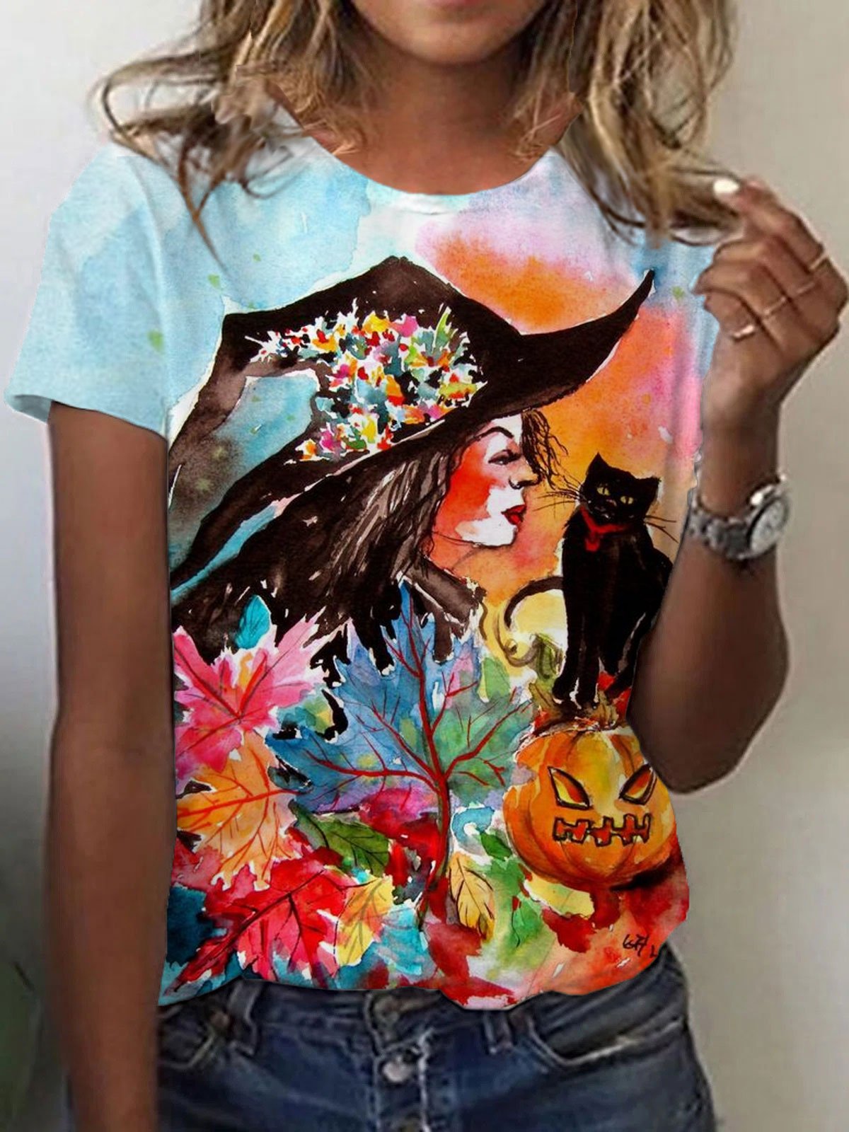 Women's Halloween Witch Black Cat Pumpkin Print T-shirt