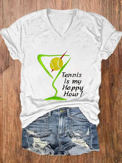 Women's Tennis Is My Happy Hour Tennis Lover Print V-Neck T-Shirt