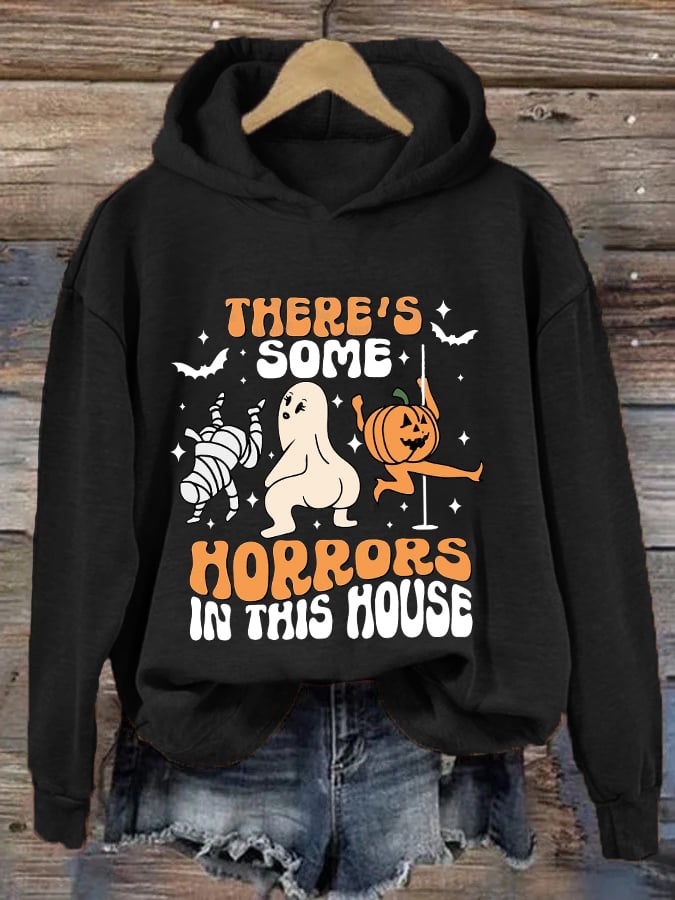 Women's Funny Halloween There's Some Horrors In This House Pumpkin Spooky Mummy Hoodie