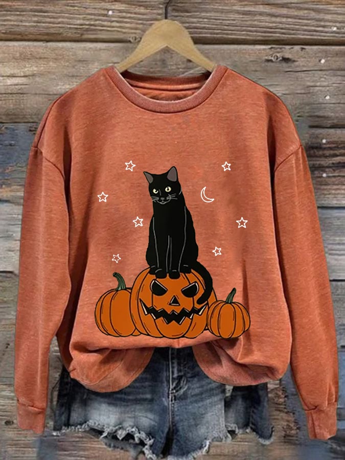 Women's Halloween Pumpkin And Cats Print Casual Sweatshirt