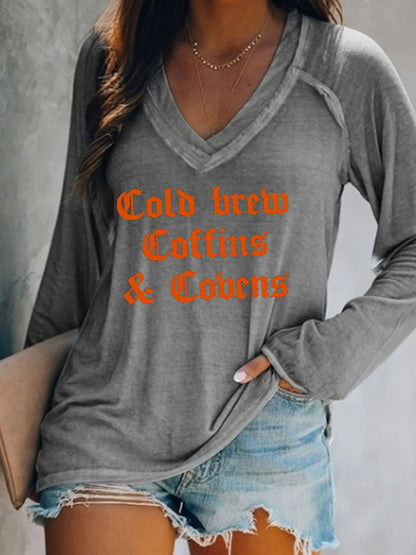 Women's Halloween Cold Brew, Coffins & Covens Printed V-neck Long Sleeve Top