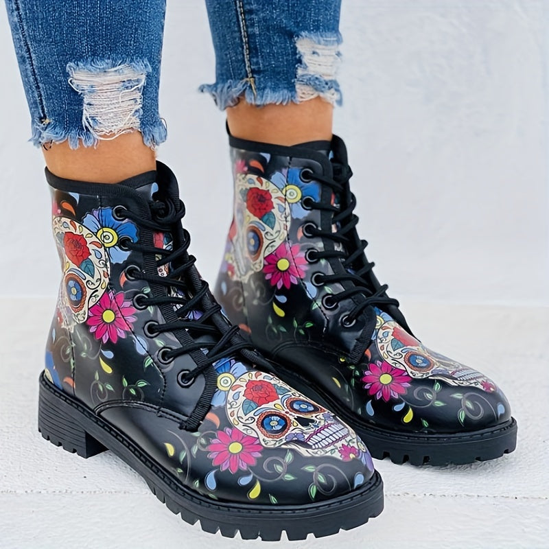 Skull Rose Printed Gothic Combat Boots: Embrace Your Dark Side in Style