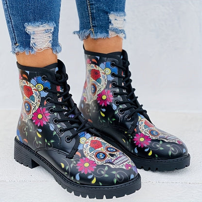 Skull Rose Printed Gothic Combat Boots: Embrace Your Dark Side in Style