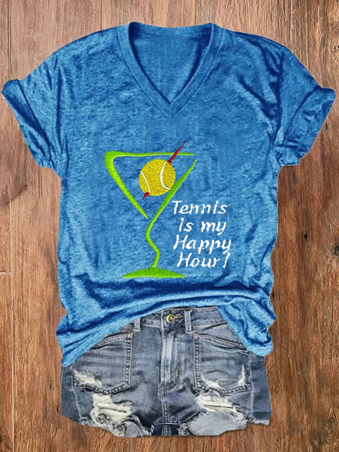 Women's Tennis Is My Happy Hour Tennis Lover Print V-Neck T-Shirt