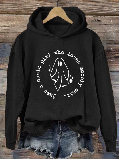 Women's "Just a basic girl who loves Spooky Shirt" printed casual hooded sweatshirt