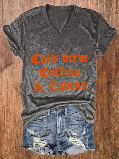 Women's Halloween  Cold Brew, Coffins & Covens  V-Neck Tee