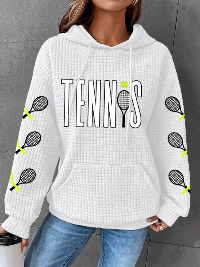 Women's Tennis Lover Print Drop Shoulder Check Pocket Hoodie