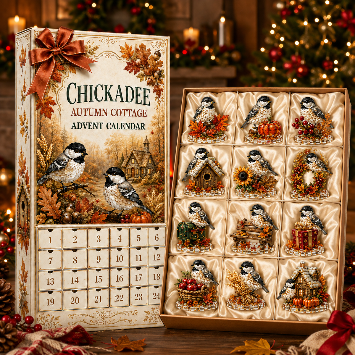 24-Day Chickadee Advent Calendar | Autumn & Winter Cottage Collectible Gift